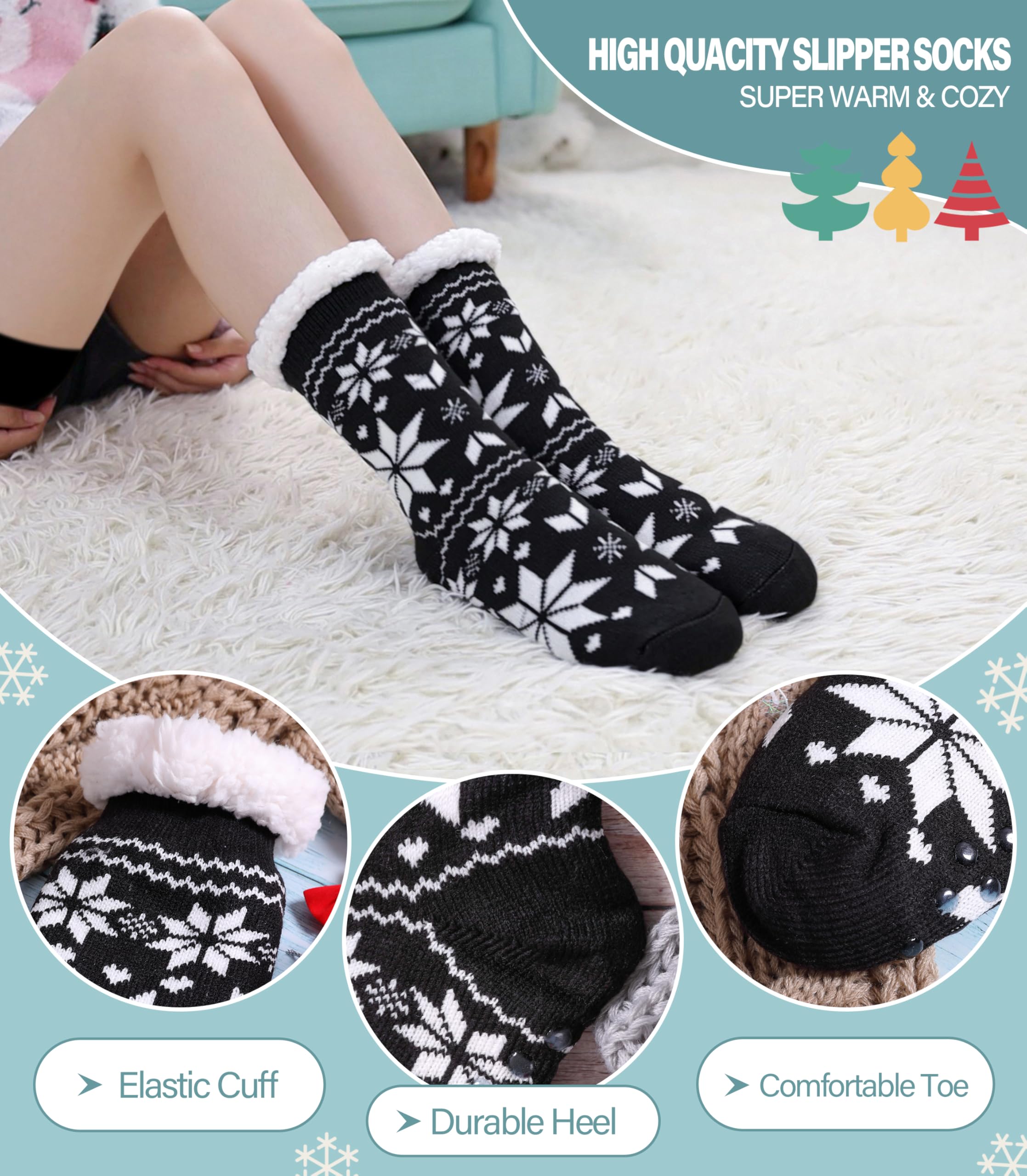 Slipper Socks for Women Fuzzy Non Slip Winter Thick Warm Soft Cozy Fleece Lining Home Socks with Grippers