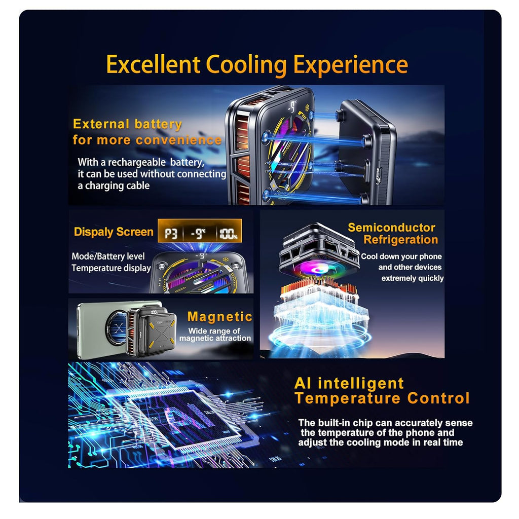 Magnetic Phone Cooler with Battery,Rechargeable Wireless Cooling Fan for iPhone/iPad,Phone Cooling Case Radiator Heatsink with RGB LED for iPhone MagSafe Series/Samsung/Android