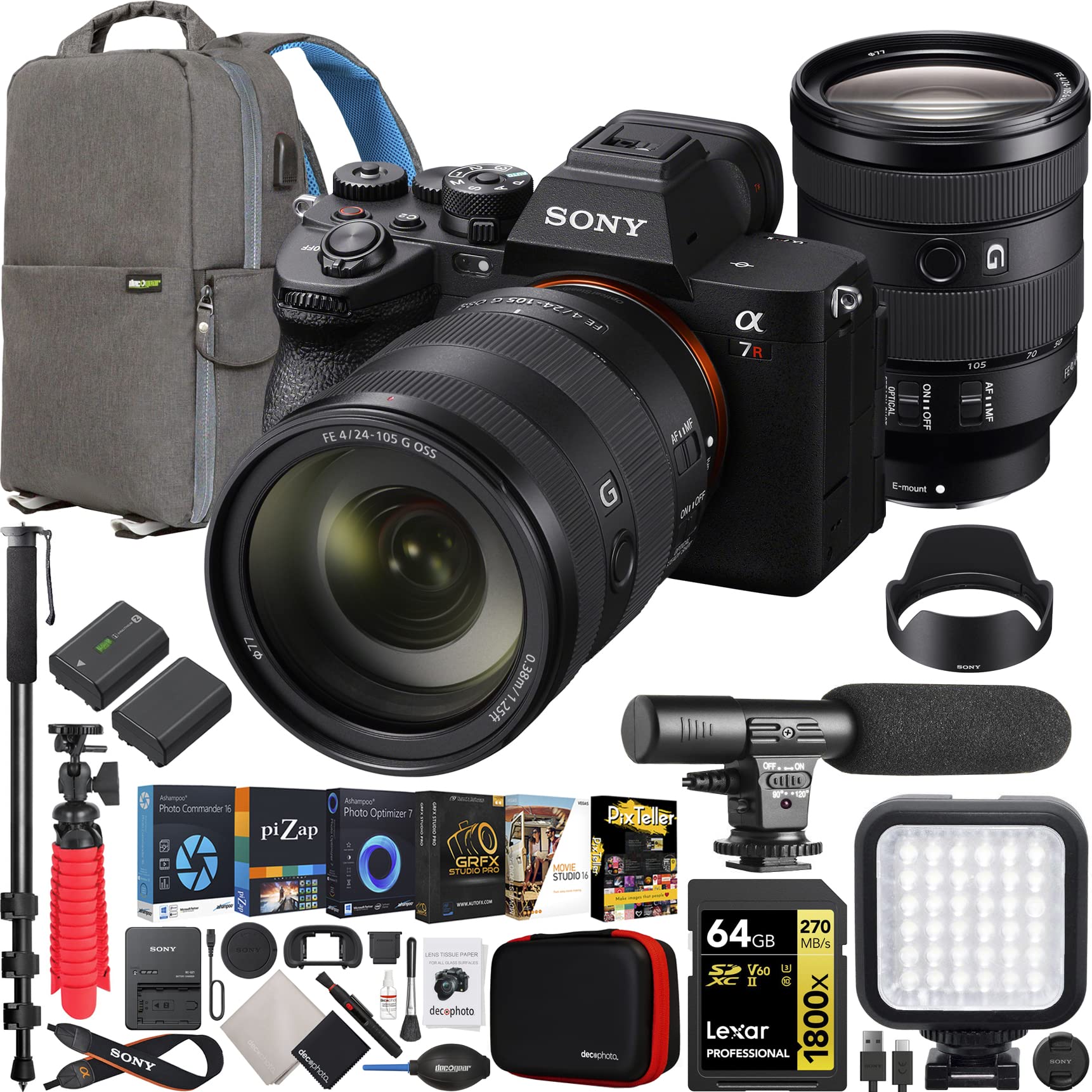Sony a7R V Full Frame Mirrorless Camera Body with FE 35mm F1.4 GM G Master Lens ILCE-7RM5 + SEL35F14GM Bundle with Deco Gear Photography Backpack + Monopod + Extra Battery, LED and Kit Accessories