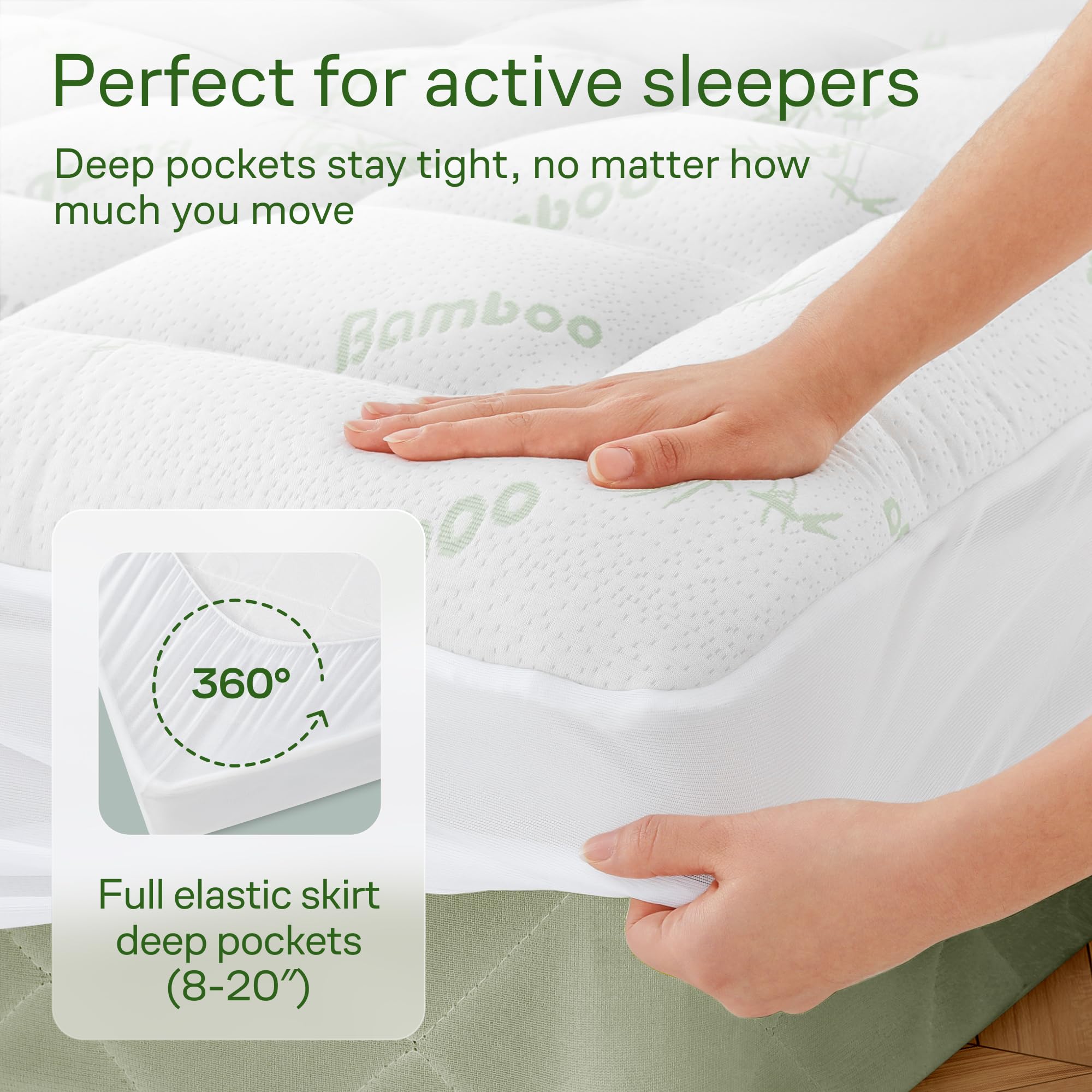 Niagara Sleep Solution Ultra Soft Queen Size Mattress Topper - Rayon Derived from Bamboo Pillow Top Mattress Pad for Back Pain Relief - Naturally Cooling for Hot Sleepers, Green