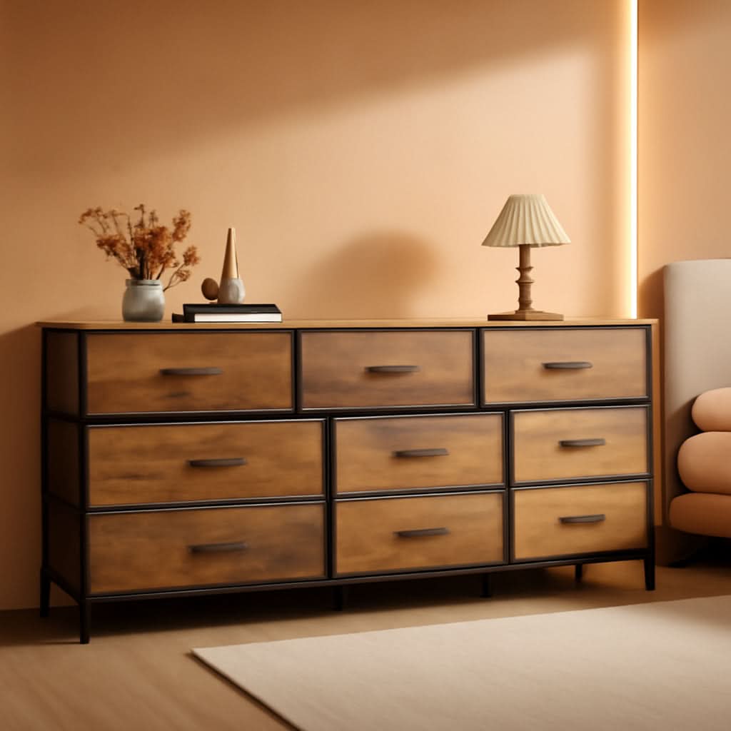 63 Inch Dresser With Durable Fabric Drawers In Rustic Brown