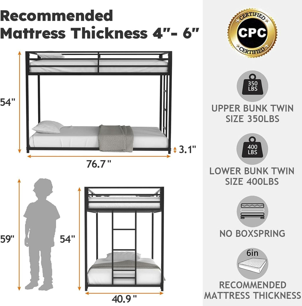 Twin Over Twin Metal Low Profile Bunk Bed With Guardrails And Ladder Black