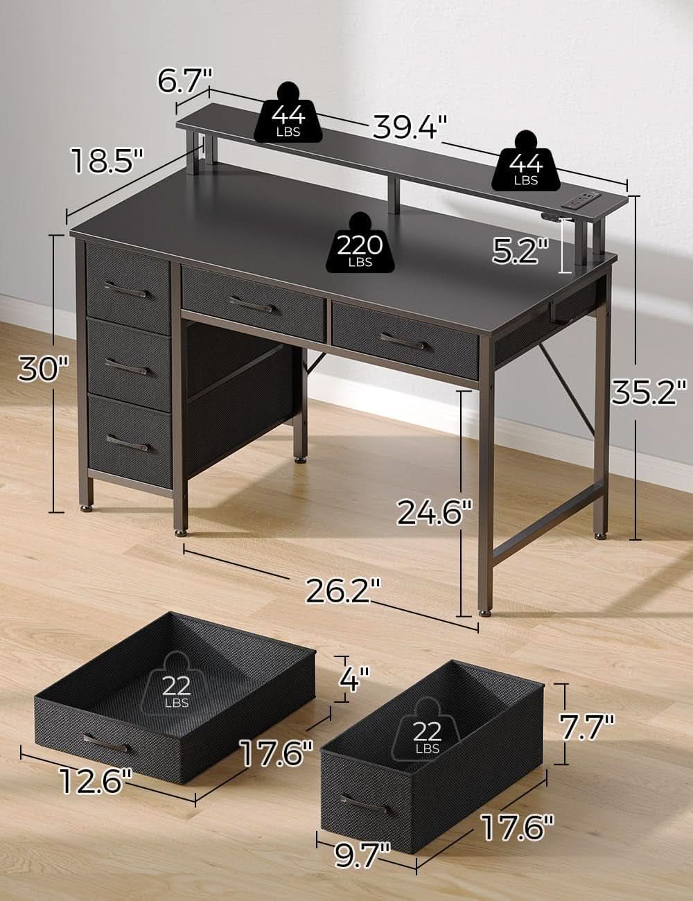 39 Inch Computer Desk With Power Outlets And LED Light