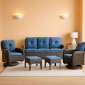 Six Piece Patio Conversation Set Brown Wicker Blue Cushions