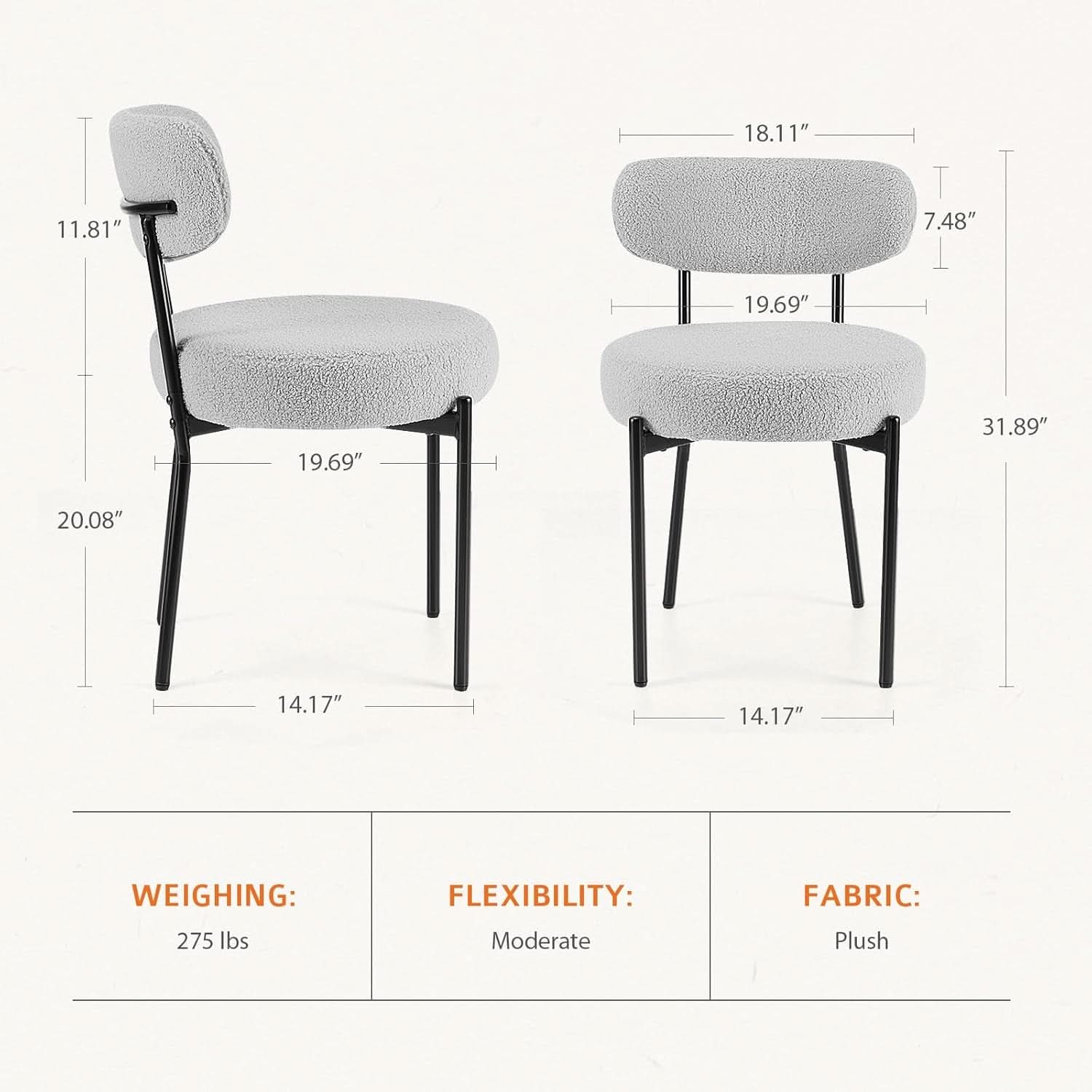 Boucle Upholstered Dining Chairs Set Of 4 With Curved Backrest Metal Legs Grey