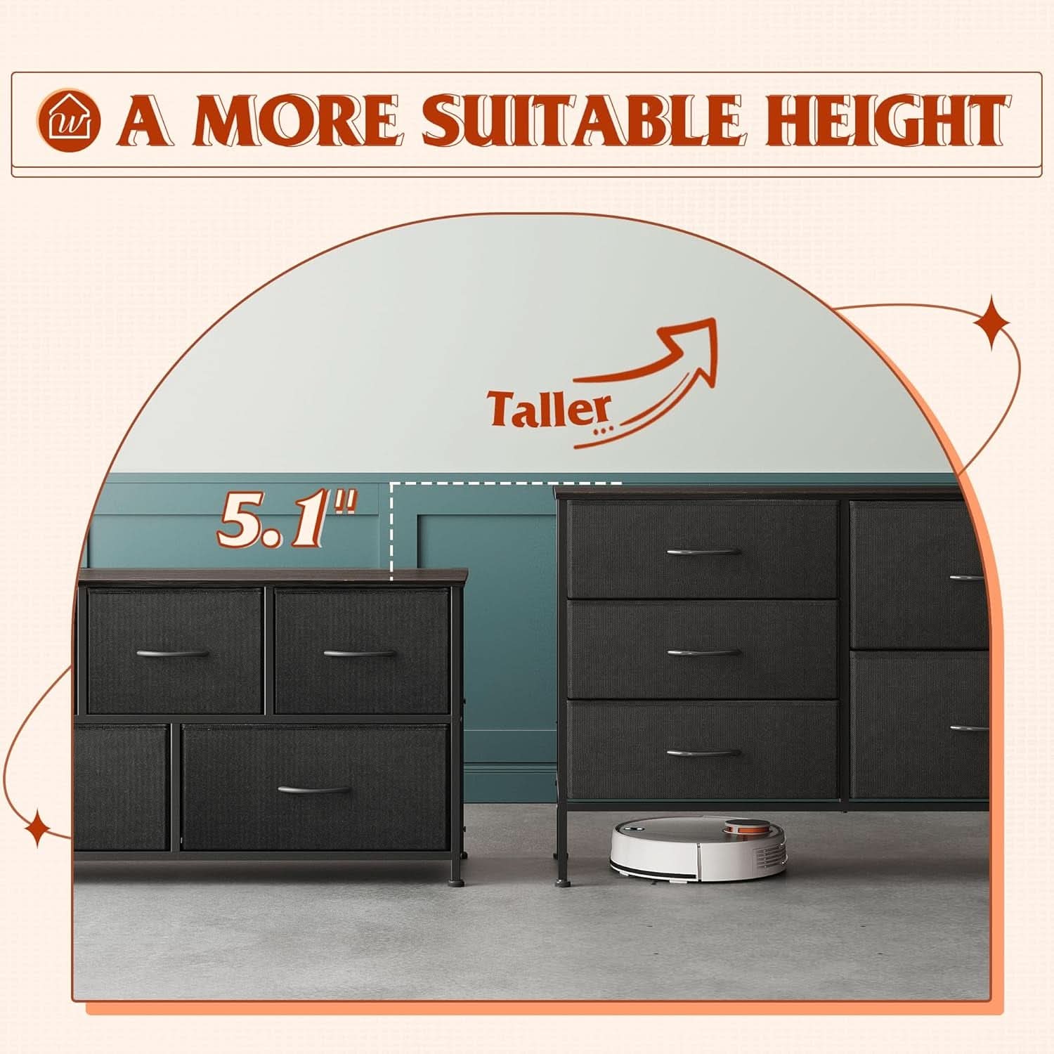 Charcoal Black Fabric Dresser With 5 Drawers For Bedroom Storage