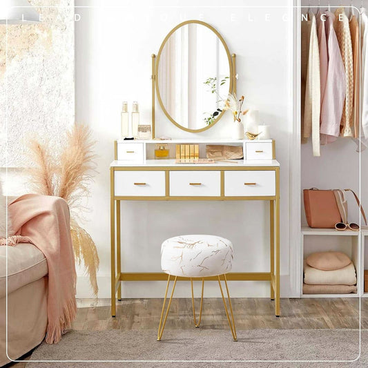 Gold Velvet Lux Vanity Stool 18Inch Round Plush Ottoman