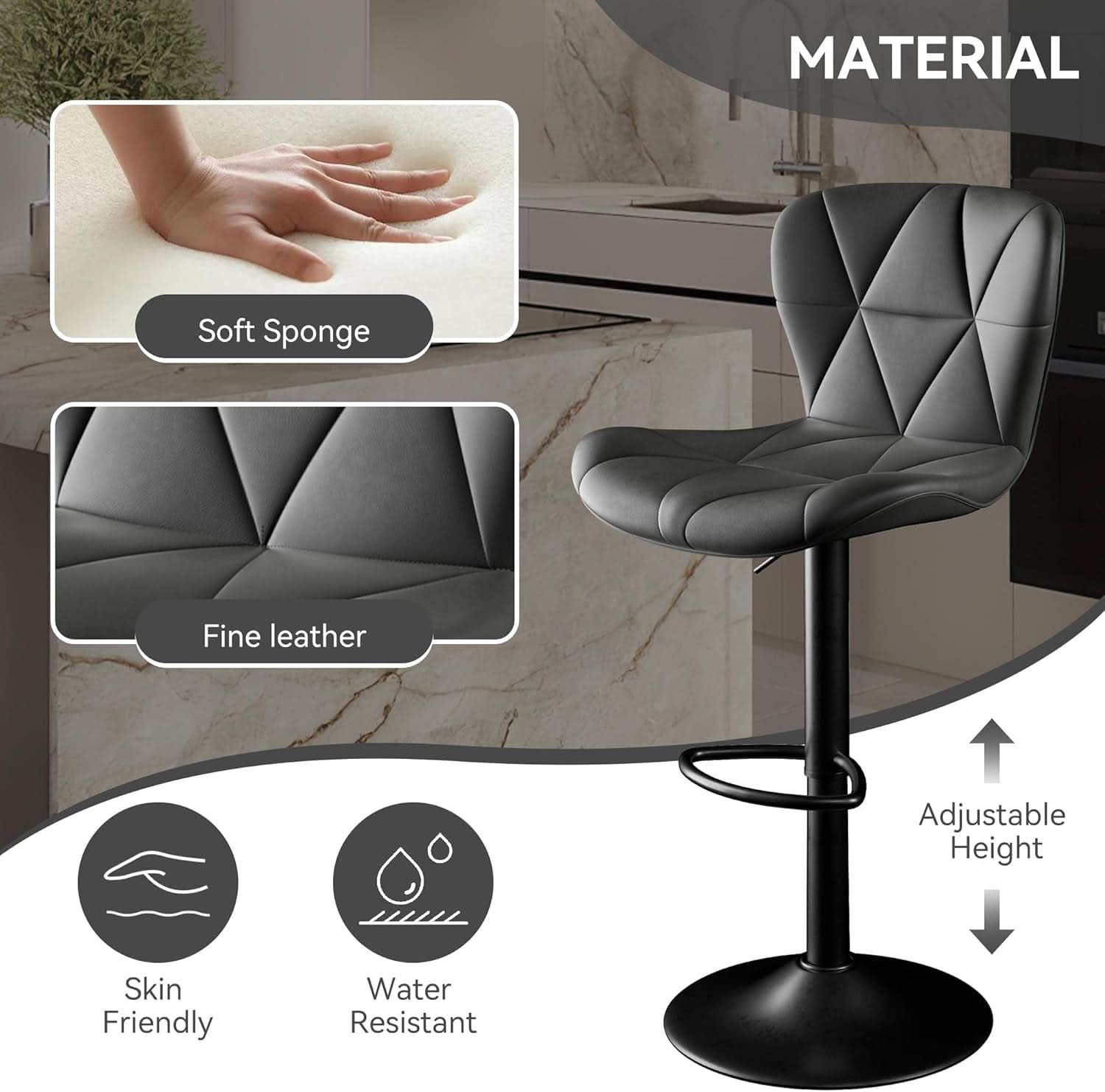 Bar Stools Set Of 2 Adjustable Swivel Faux Leather Black