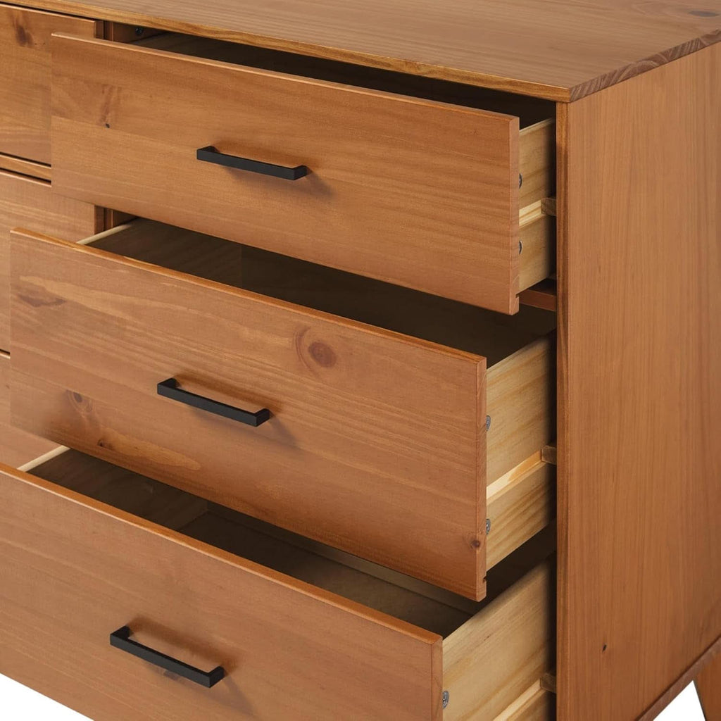 Walker Edision 6-Drawer Dresser In Solid Pine Wood With Metal Handles Caramel