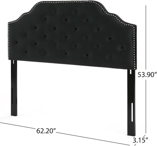 Contemporary Black Velvet Headboard with Button Tufted Design