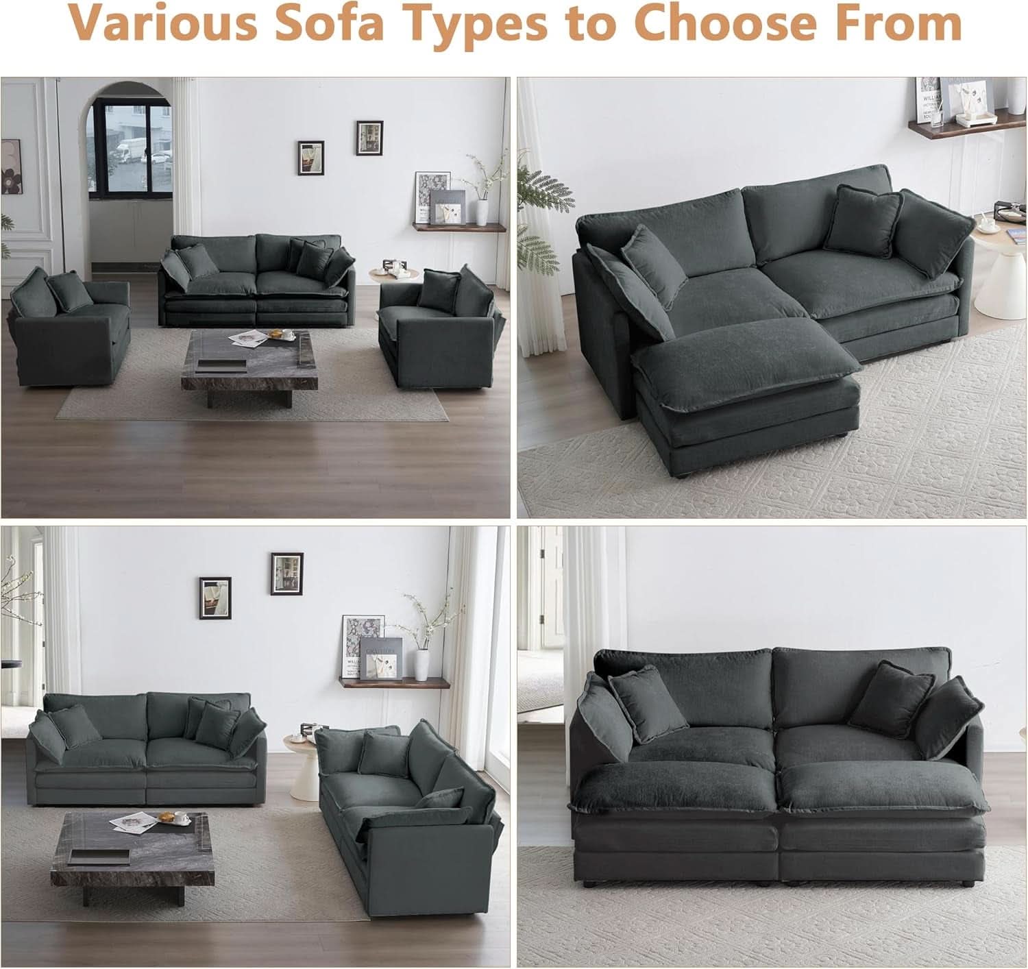 Grey Chenille 2 Piece Loveseat Armchair Set With Pillows
