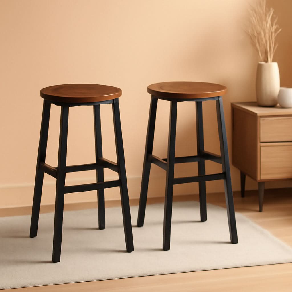 Round Bar Stools Set of 2 With Footrest 24.4 Inch Industrial Rustic Brown