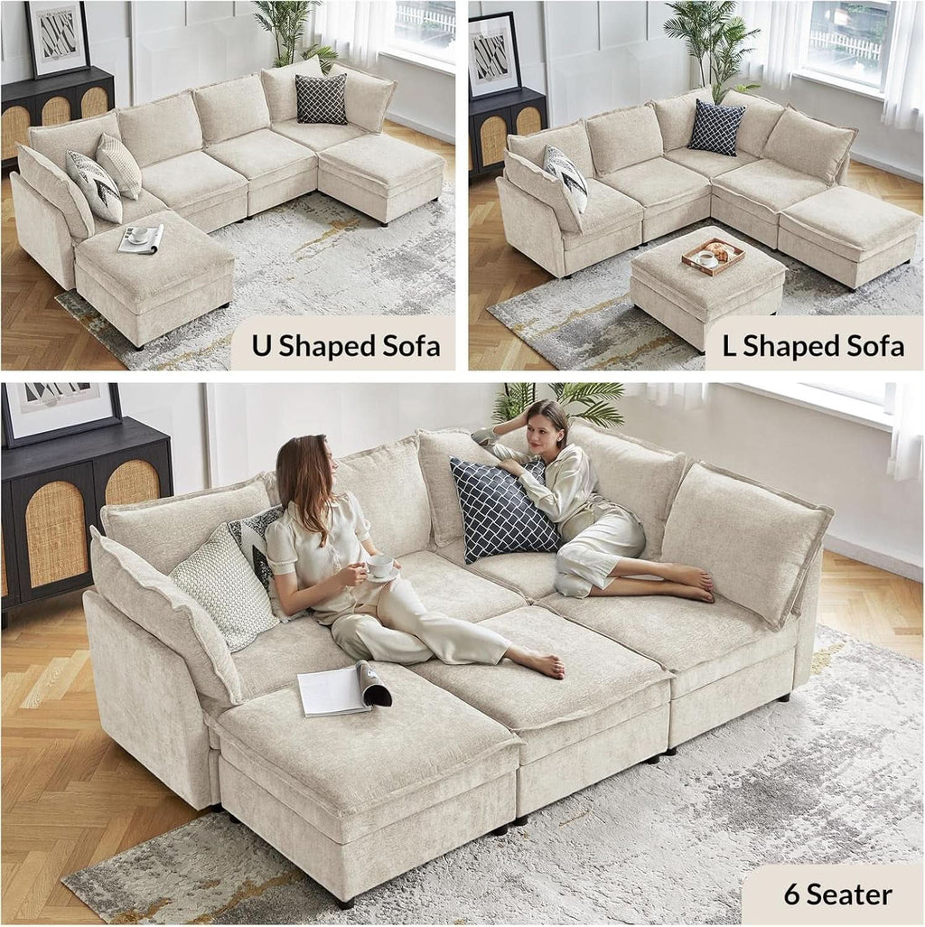 127 Inch Modular Sectional Sofa Beige with Storage Ottoman