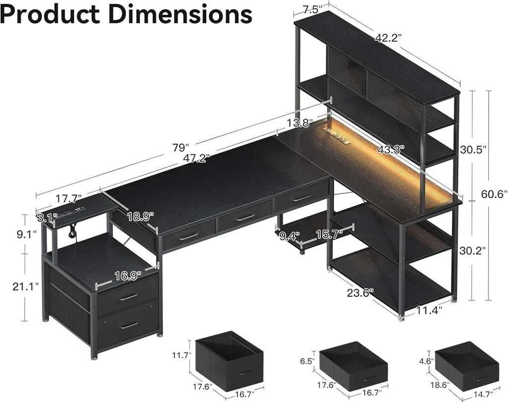79 Inch L Shaped Desk With File Drawers Reversible Black