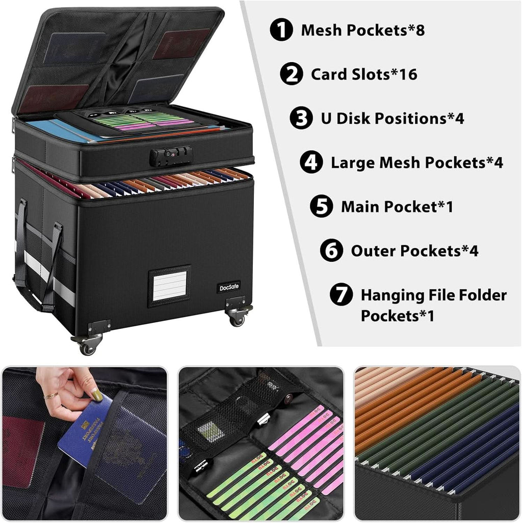 Fireproof File Box With Lock Wheels Rolling Portable