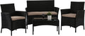 4 Piece Rattan Patio Set With Glass Table Black Cushions