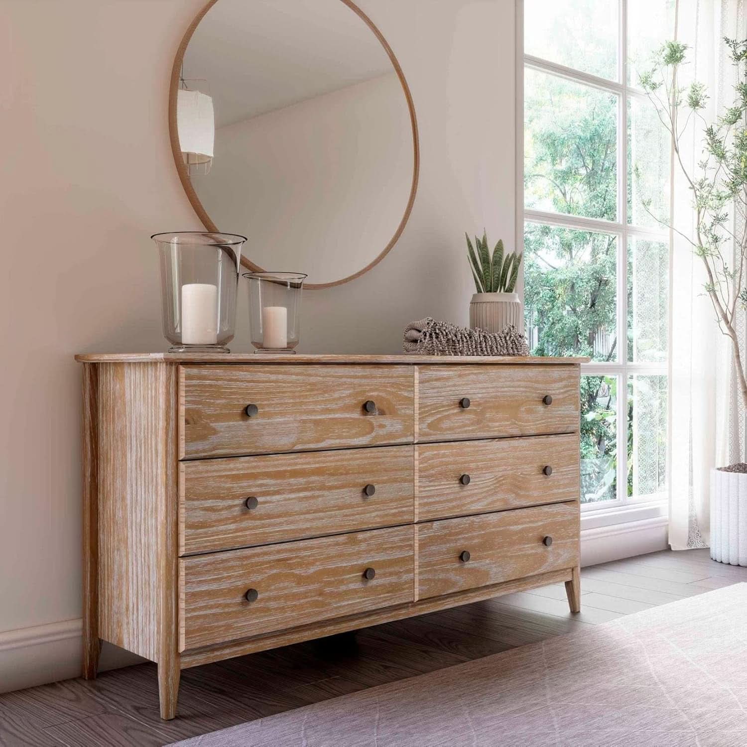 Solid Wood 6 Drawer Dresser With Brushed Driftwood Finish