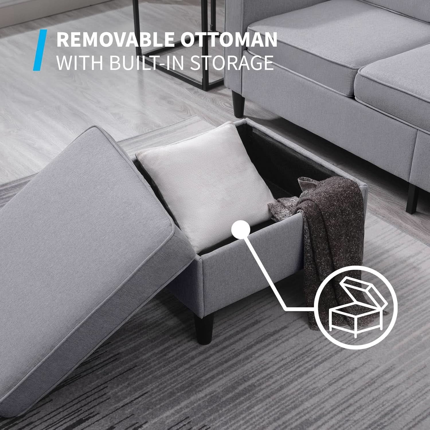 Light Grey Convertible Sofa Set With Storage Ottoman