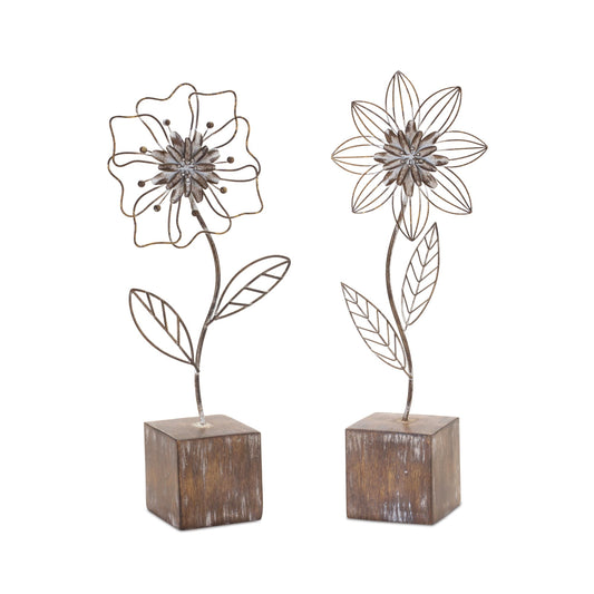 Set of 2 Rustic Metal Flower Tabletop Decor