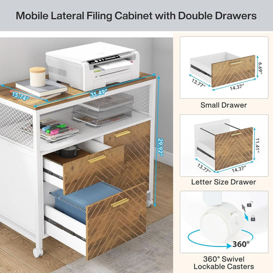 Modern File Cabinet With Drawers In Dark Walnut Casters