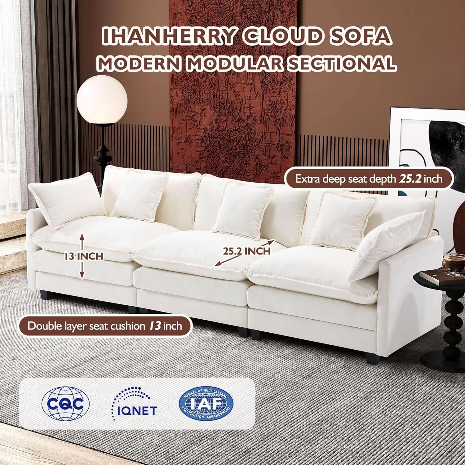 111.4 Inch 3 Seater Cloud Sofa Modular Sectional Couch Beige With Breathable Chenille Fabric