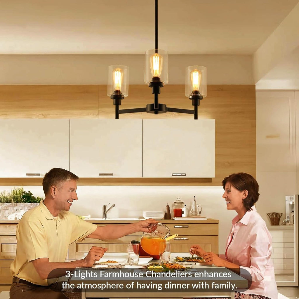 Three Light Black Glass Chandelier For Dining Room And Entryway With Glass Shade