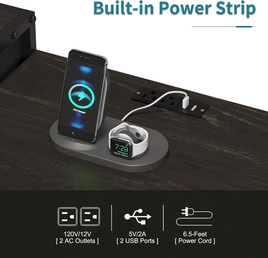 11 Drawer Dresser With Fabric Drawers, Charging Station, LED Lights And Shelves, Black Wood Veins