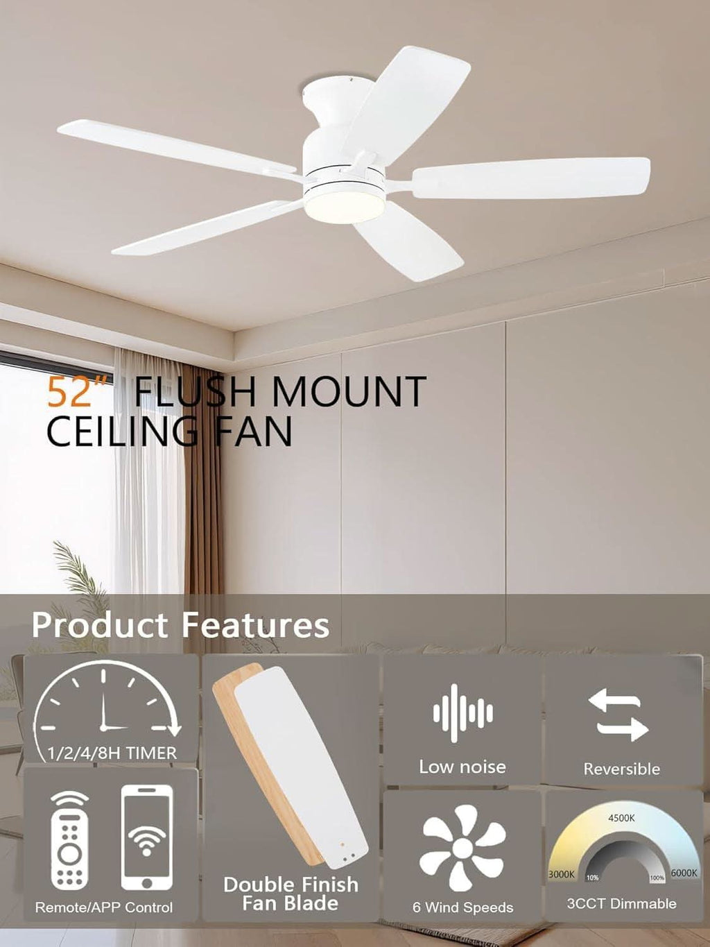 52 Inch Flush Mount Ceiling Fan Remote App Control
