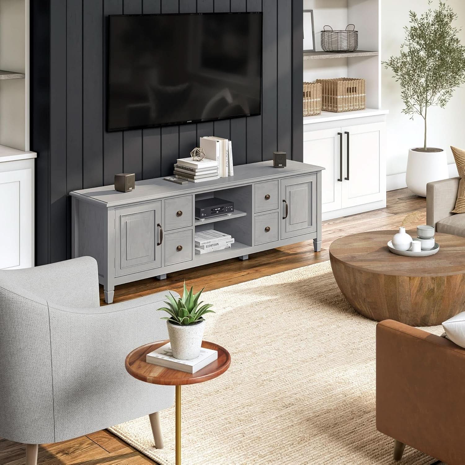 72 Inch Solid Wood TV Stand Fog Grey Up To 80 Inches