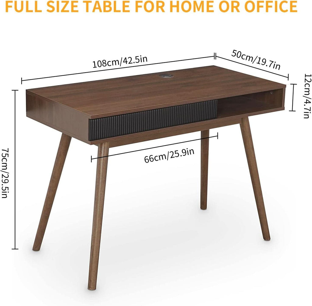 Walnut Mid Century Modern Desk With Drawer For Home Office