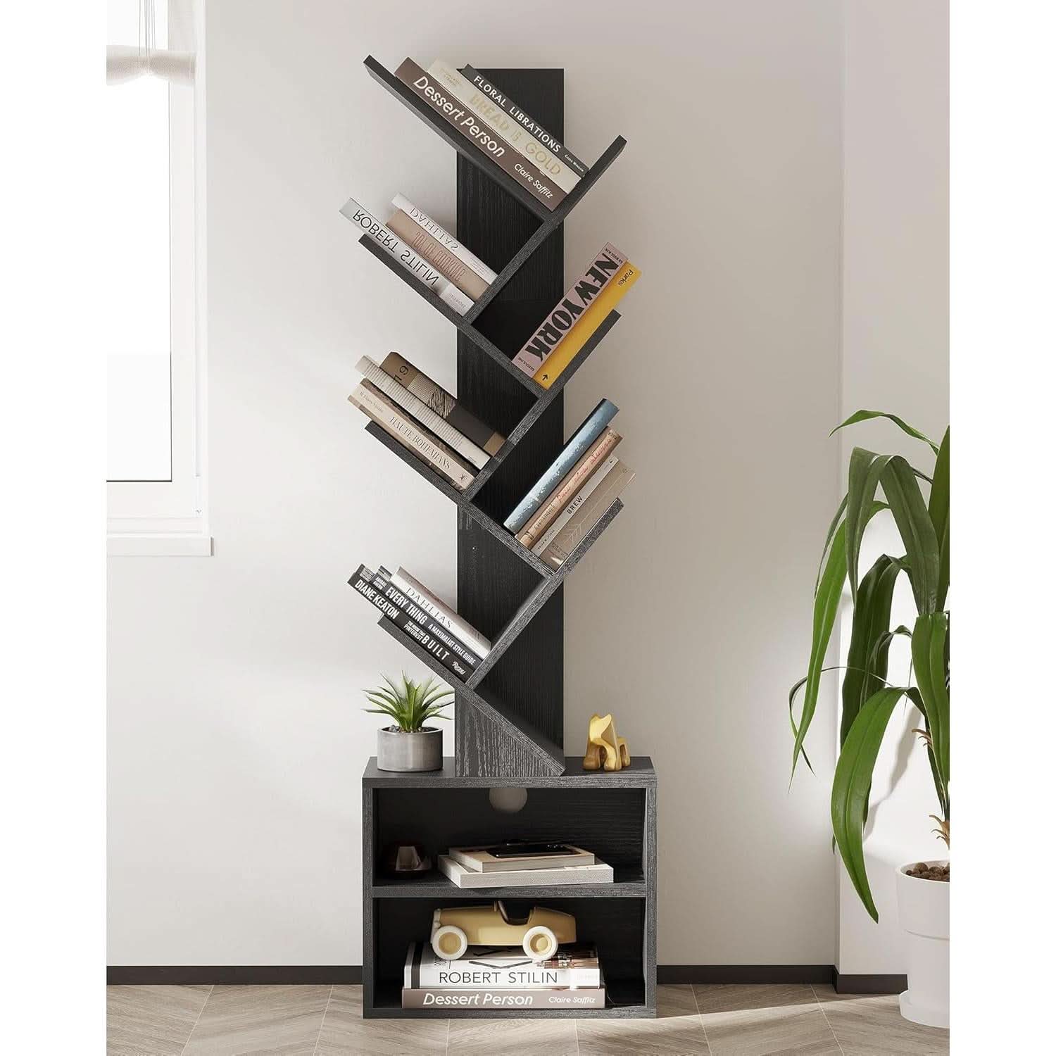 6 Tier Tree Bookshelf Black Floor Standing Storage Cabinet