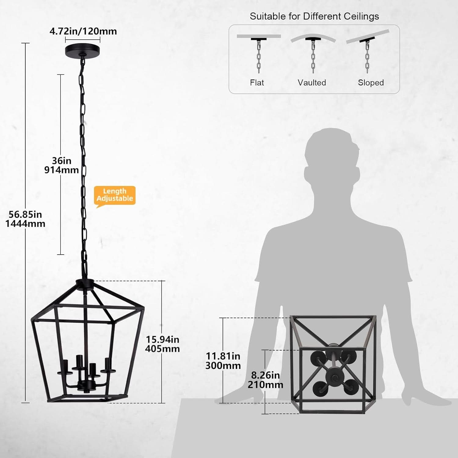 4 Light Black Lantern Chandelier With Adjustable Height
