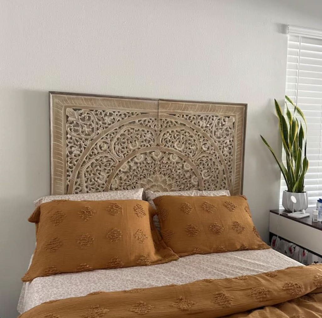 Handcrafted White-Wash Wooden Queen Headboard with Carved Design