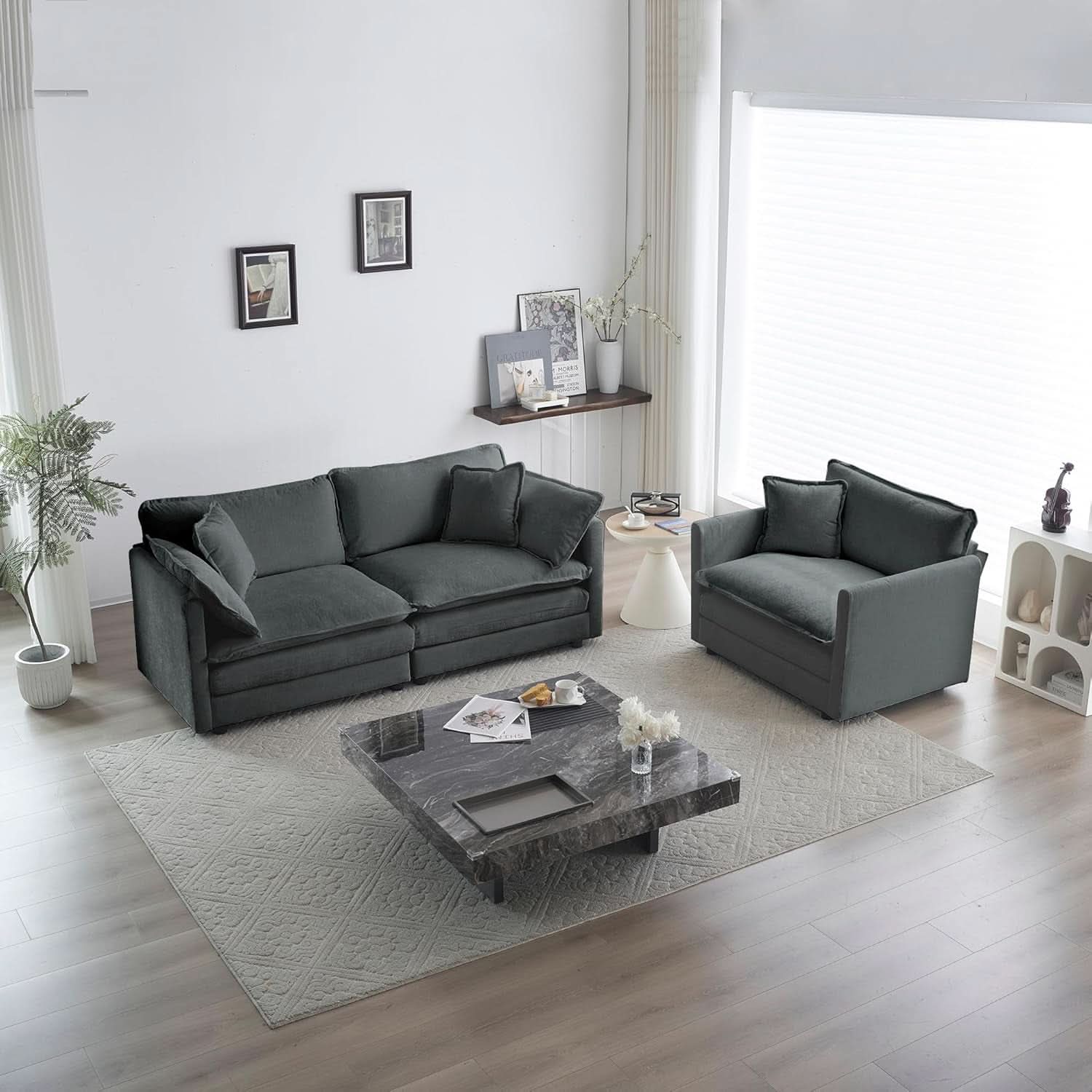 Grey Chenille 2 Piece Loveseat Armchair Set With Pillows
