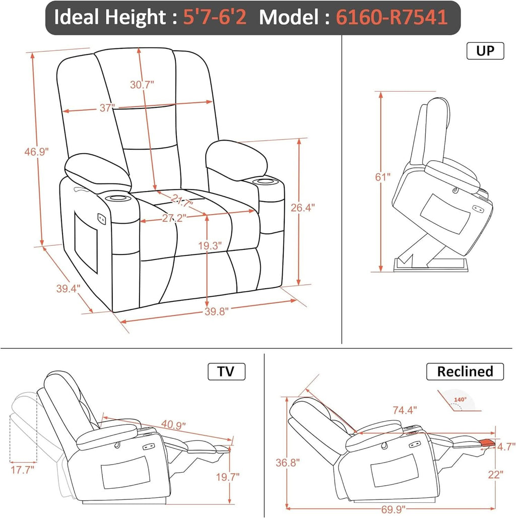 Beige Large Power Lift Recliner Chair With Massage And Heat