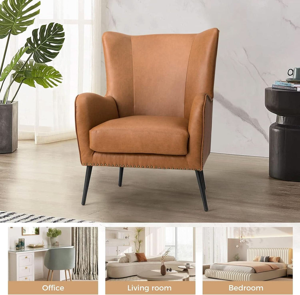Faux Leather Wingback Chair With Black Nailhead Trim