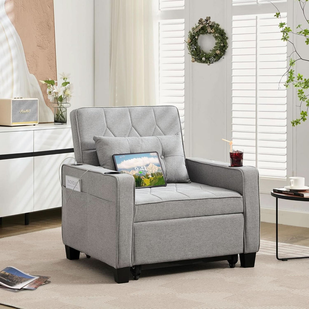 Charcoal Grey Convertible Sleeper Chair With USB Ports