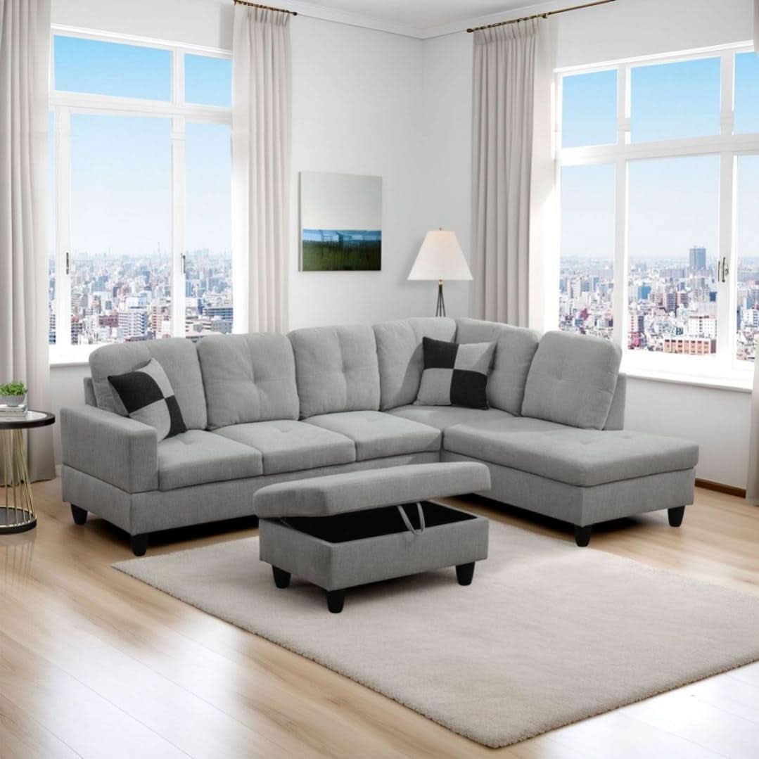 L Shaped 3 Piece Flannel Sofa With Storage Ottoman Grey