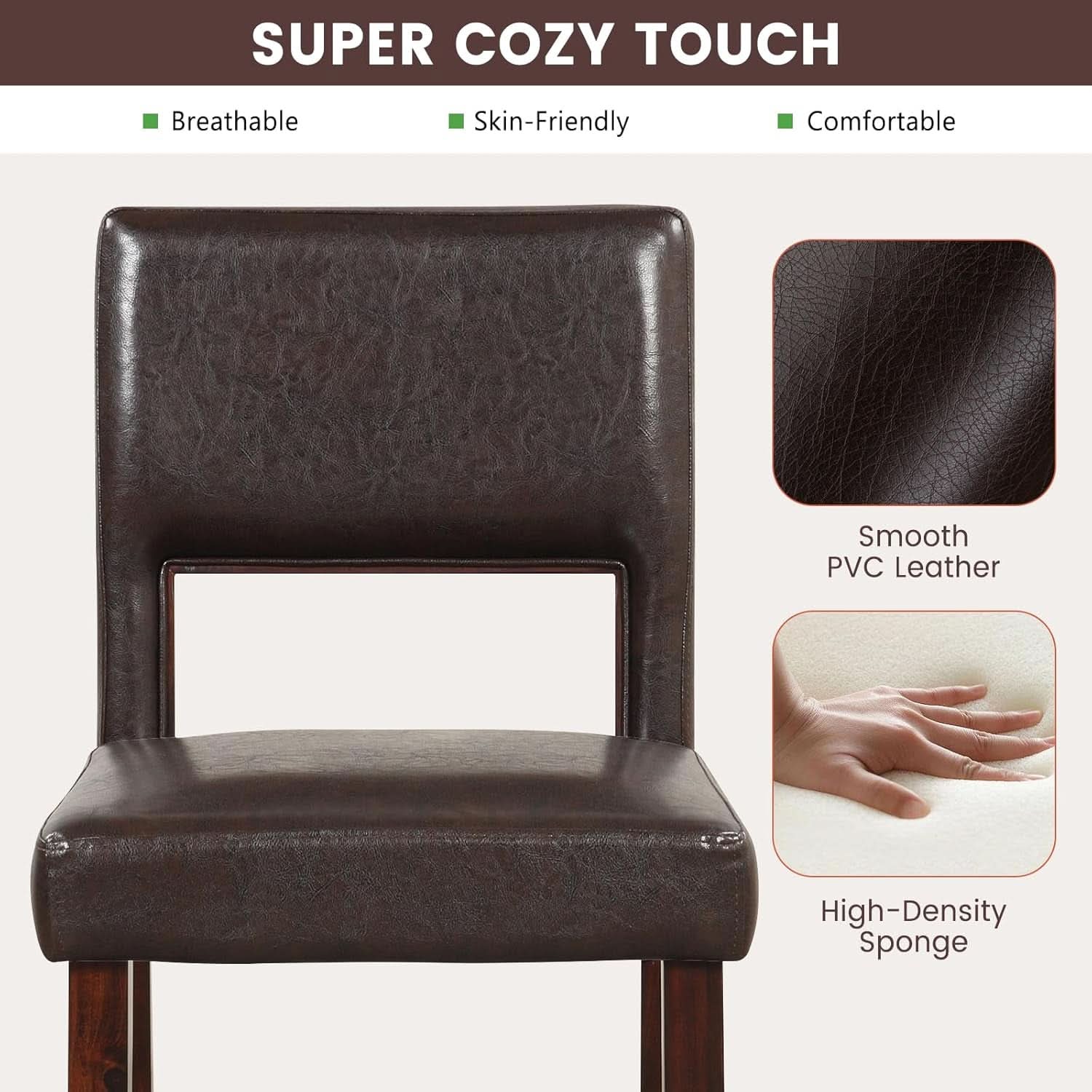 Counter Height Bar Stools Set Of Two, Twenty Four Point Five Inch, Brown Upholstered PVC Leather