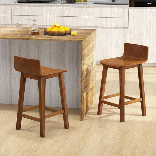 24.5 Inch Counter Height Farmhouse Wooden Bar Stool Set Of 2 With Brown Footrest And Low Back