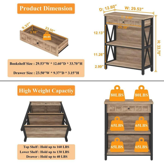 Rustic Oak 3 Tier Bookshelf With Drawer Industrial Wood And Metal Bookcase