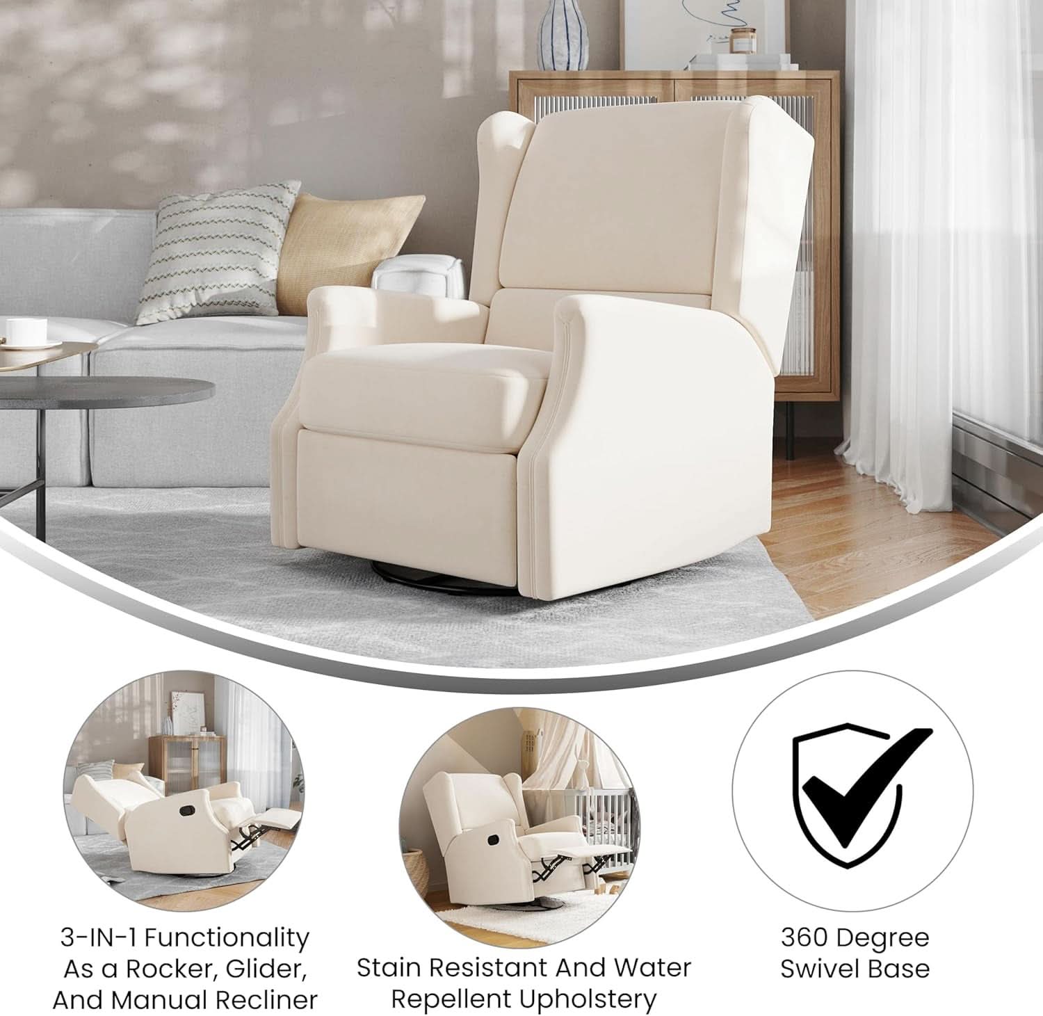 Omma Swivel Glider Rocking Recliner Cream Upholstered 3In1