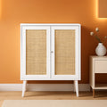 White Buffet Cabinet With Rattan Decor Doors And Storage
