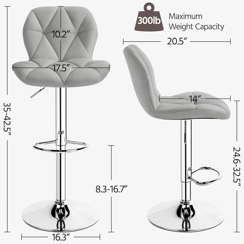 Grey PU Leather Bar Stools Set Of 2 Adjustable Height