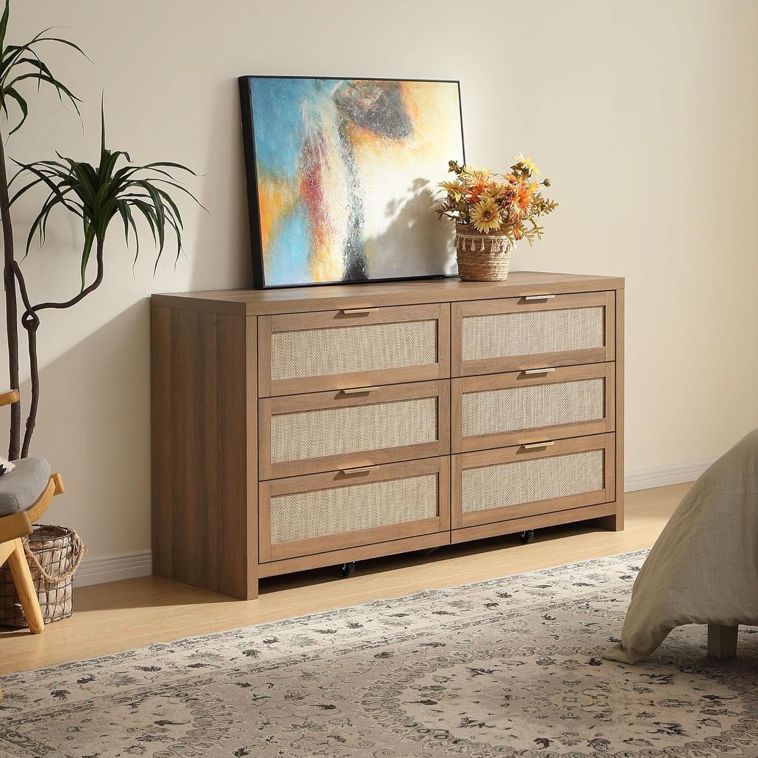 Rattan Dresser FiftySixPointNineInches Wide Six Drawer