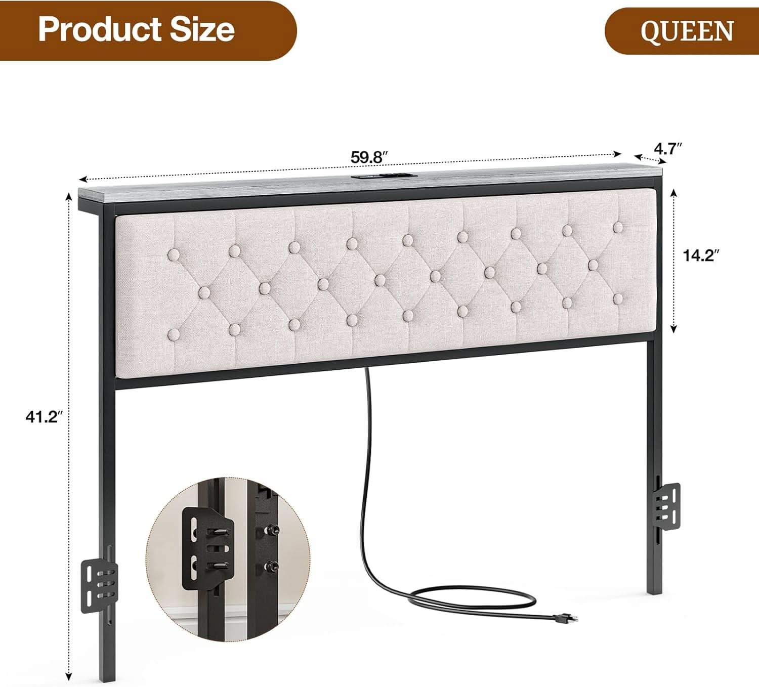 Queen Size Upholstered Headboard with Storage and Charging