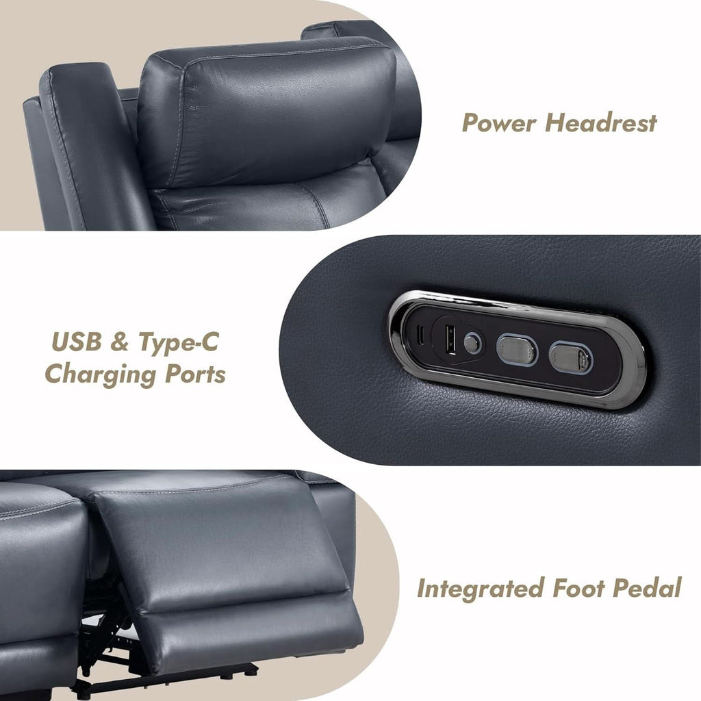 Navy Genuine Leather Power Recliner Sofa With USB Type C