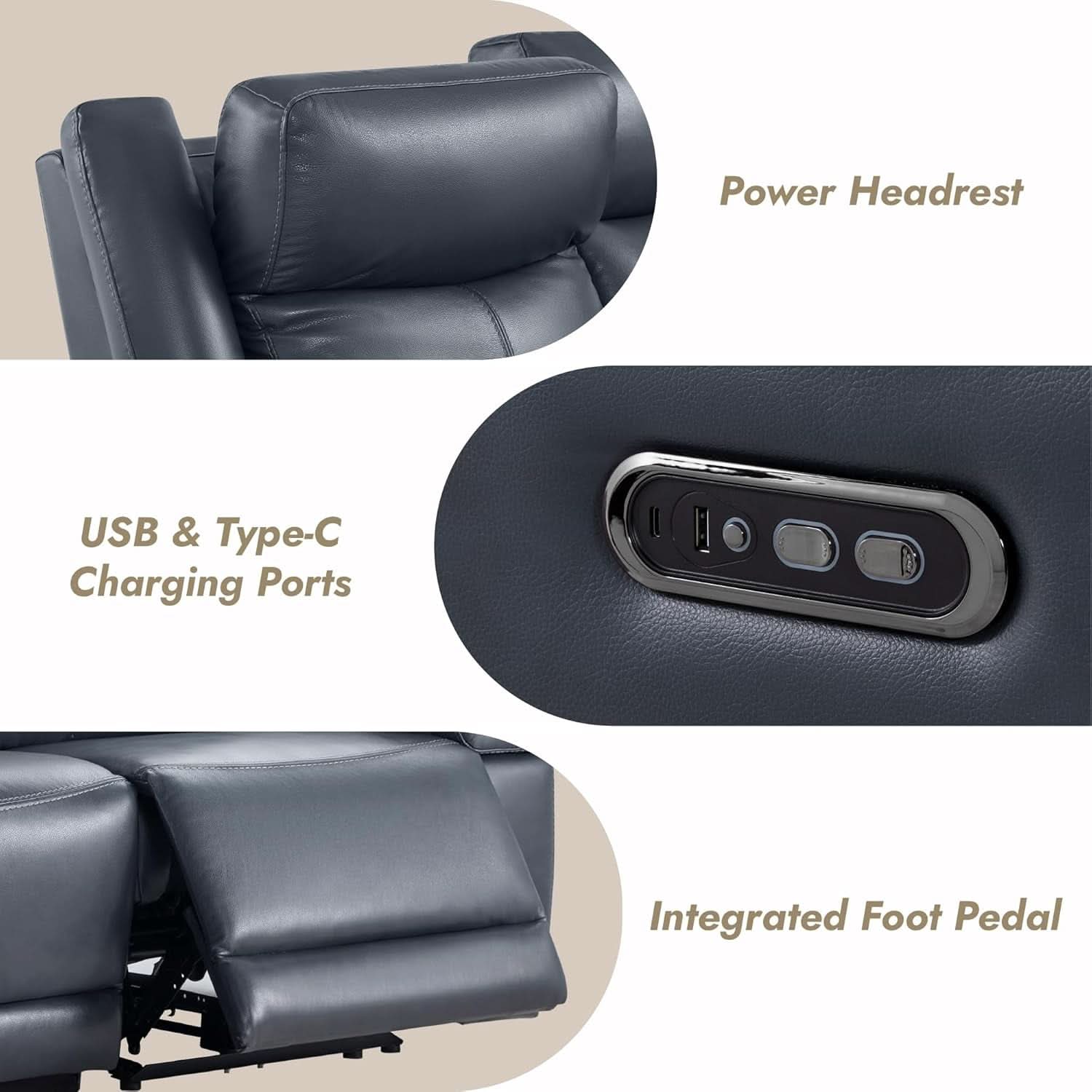 Navy Genuine Leather Power Recliner Sofa With USB Type C