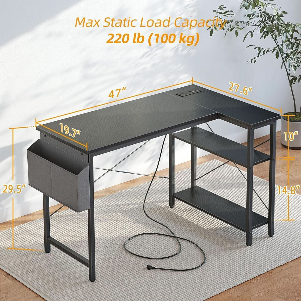 L Shaped Computer Desk With Power Outlets 47 Inch Corner