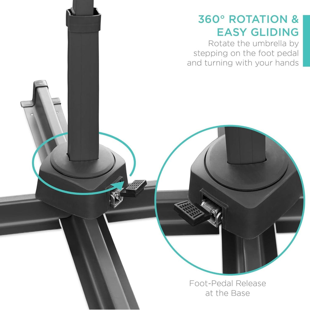 10ft Solar LED Cantilever Patio Umbrella With 360 Degree Rotation And Easy Tilt Cross Base